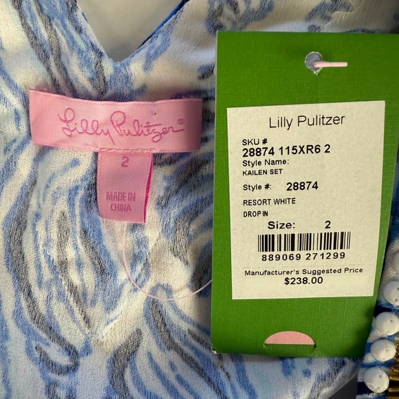 Lilly Pulitzer Resort White Kailen Top Drop In Blue Shells Embellished Tie Waist - Picture 9 of 13